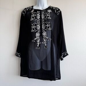 Cute Options Semi Sheer Black Tunic Cover-Up with White Embroidery Details